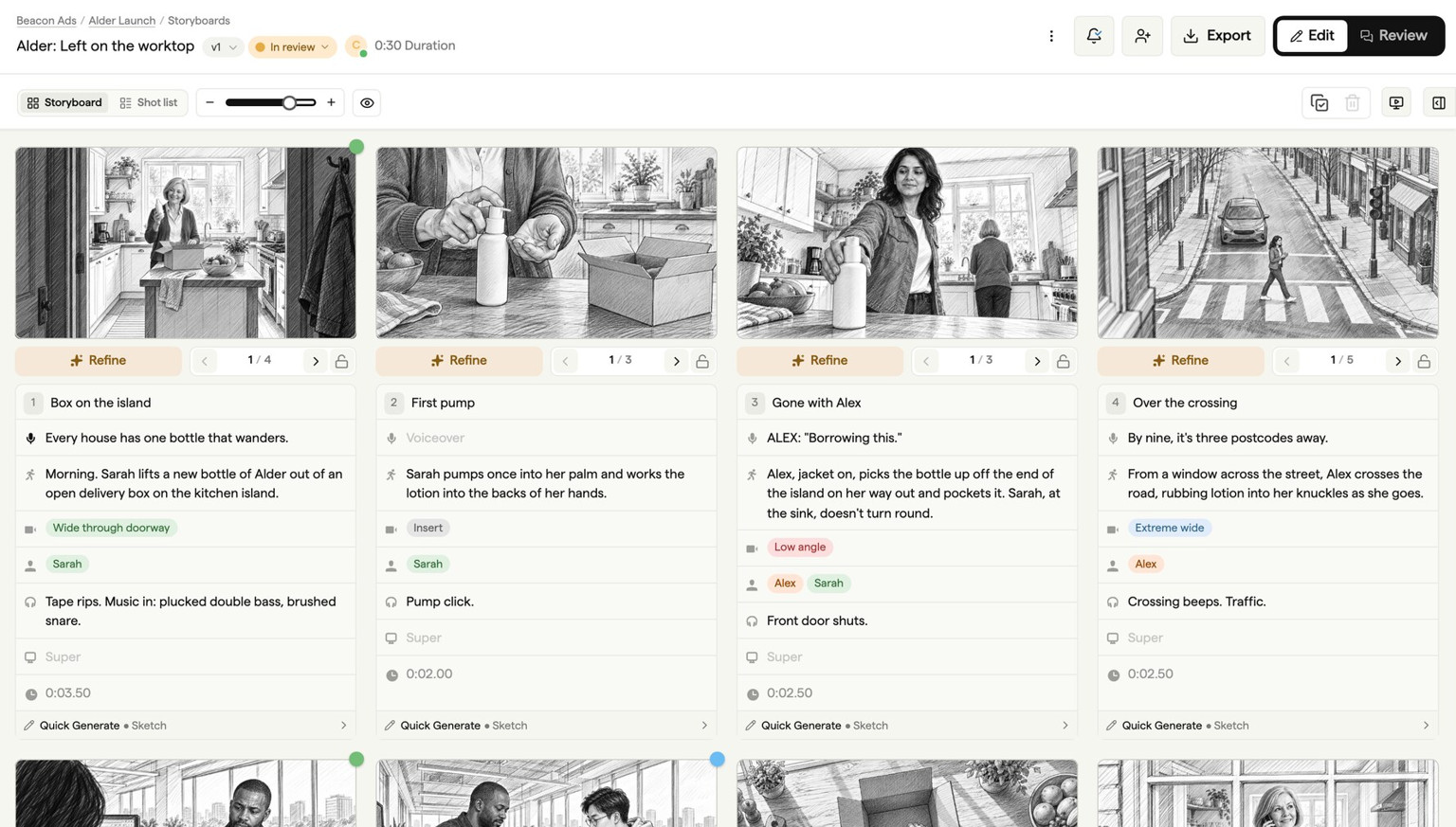Alder storyboard in Boords with every frame in pencil sketch style, from the kitchen opening to the street crossing