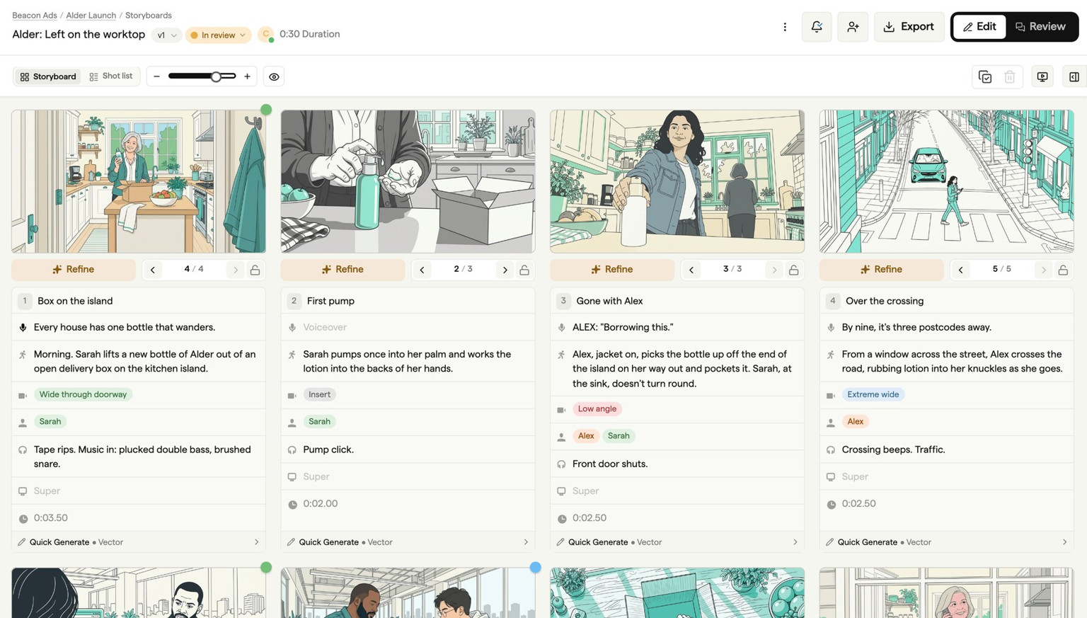The same Alder storyboard restyled as flat vector illustration in a teal and mint palette