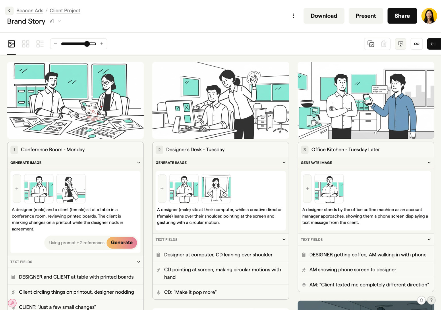 AI image generation turning a rough doodle into a polished storyboard frame