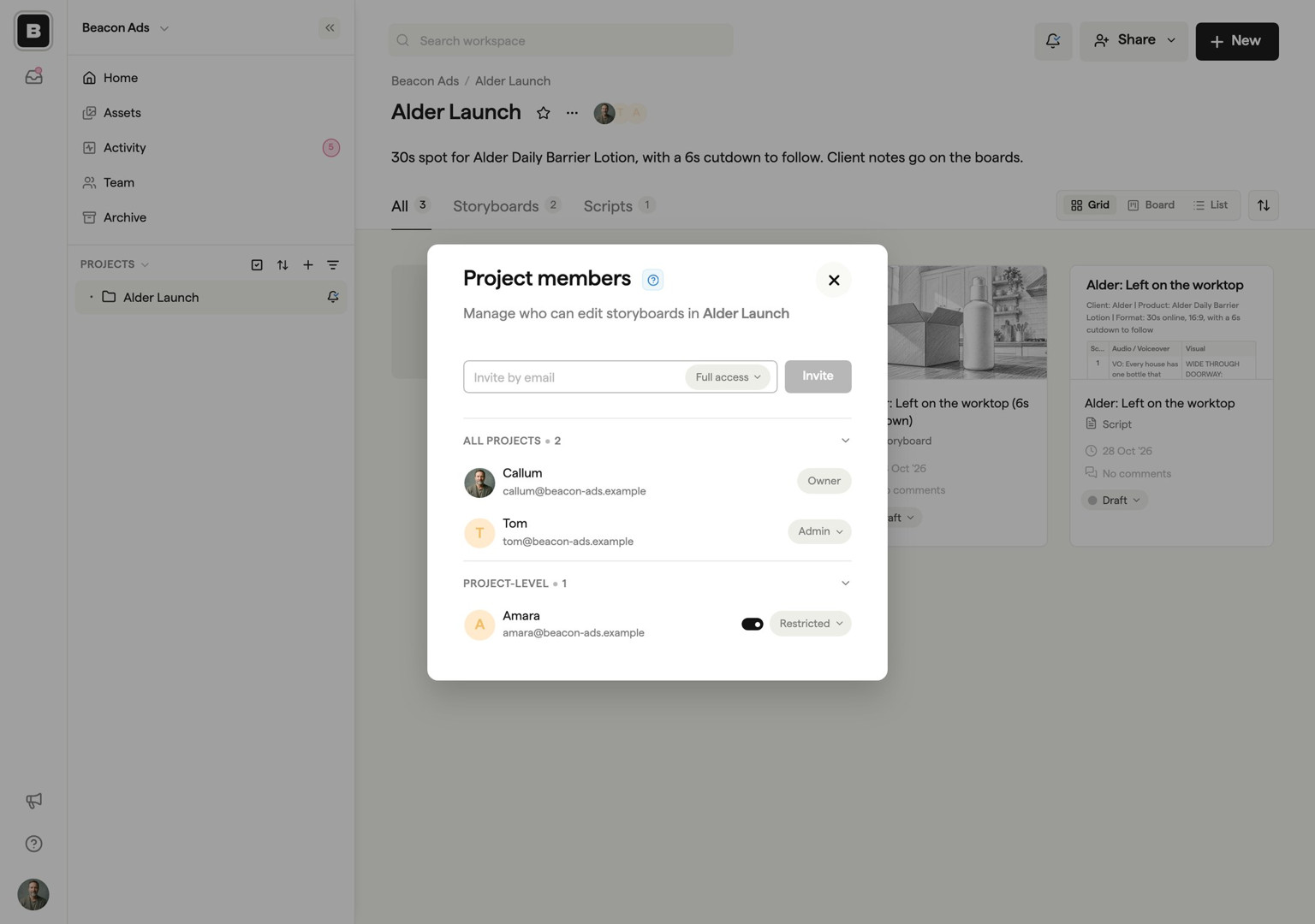 Project members dialog for Alder Launch with an owner, an admin and a teammate given restricted project-level access
