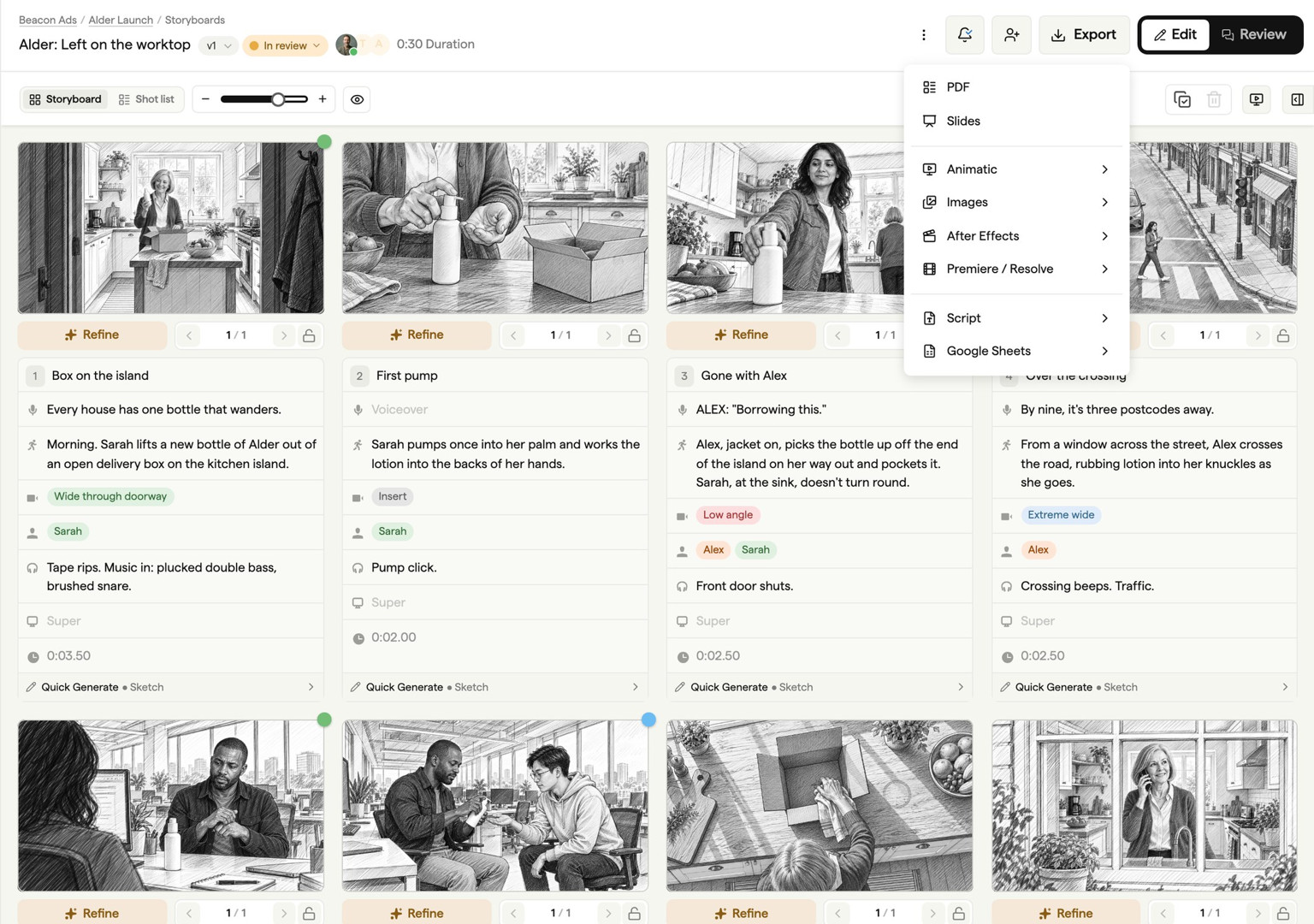 Storyboard export options showing PDF, image, and video format choices