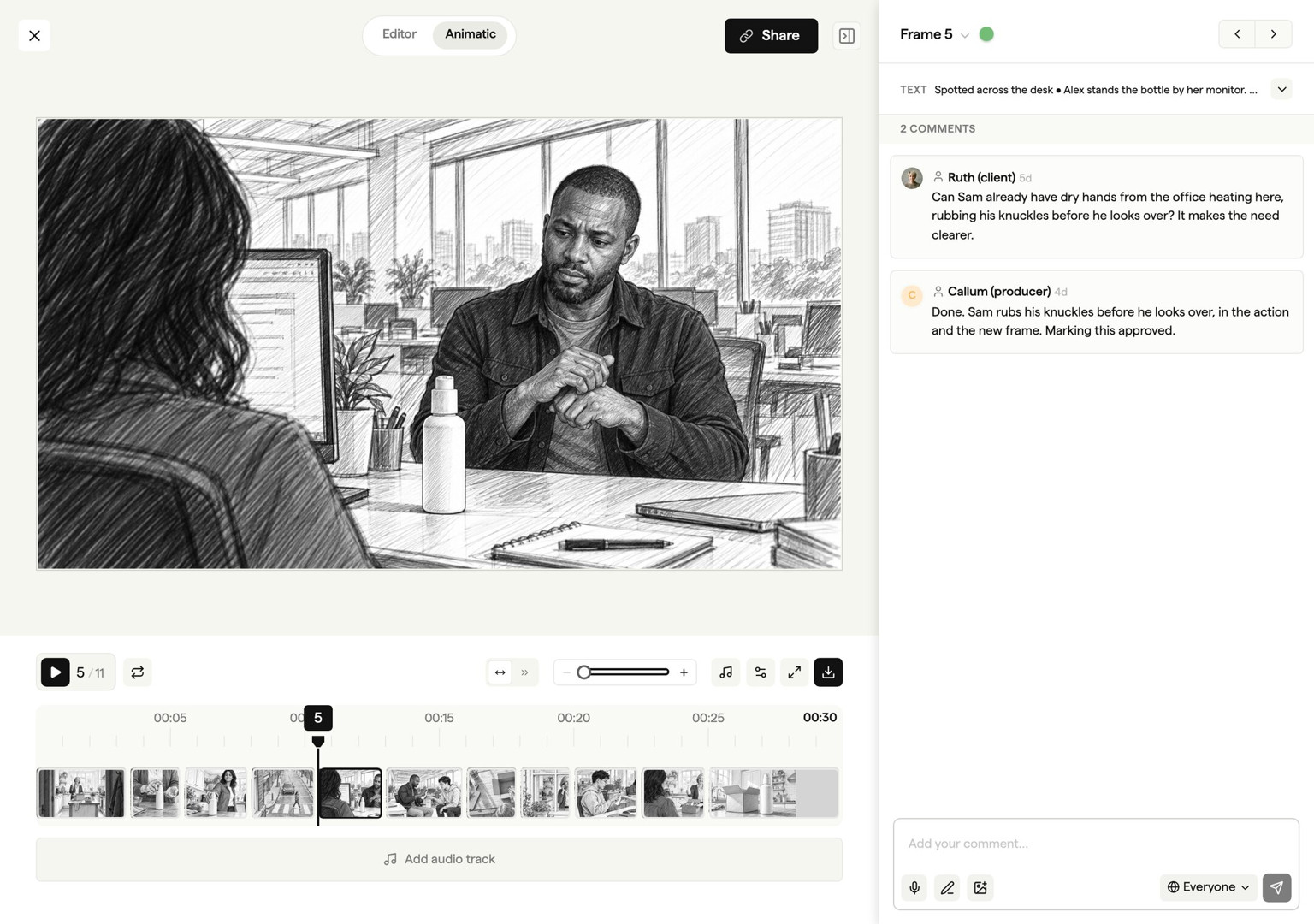 Frame-level commenting thread on a storyboard with client feedback