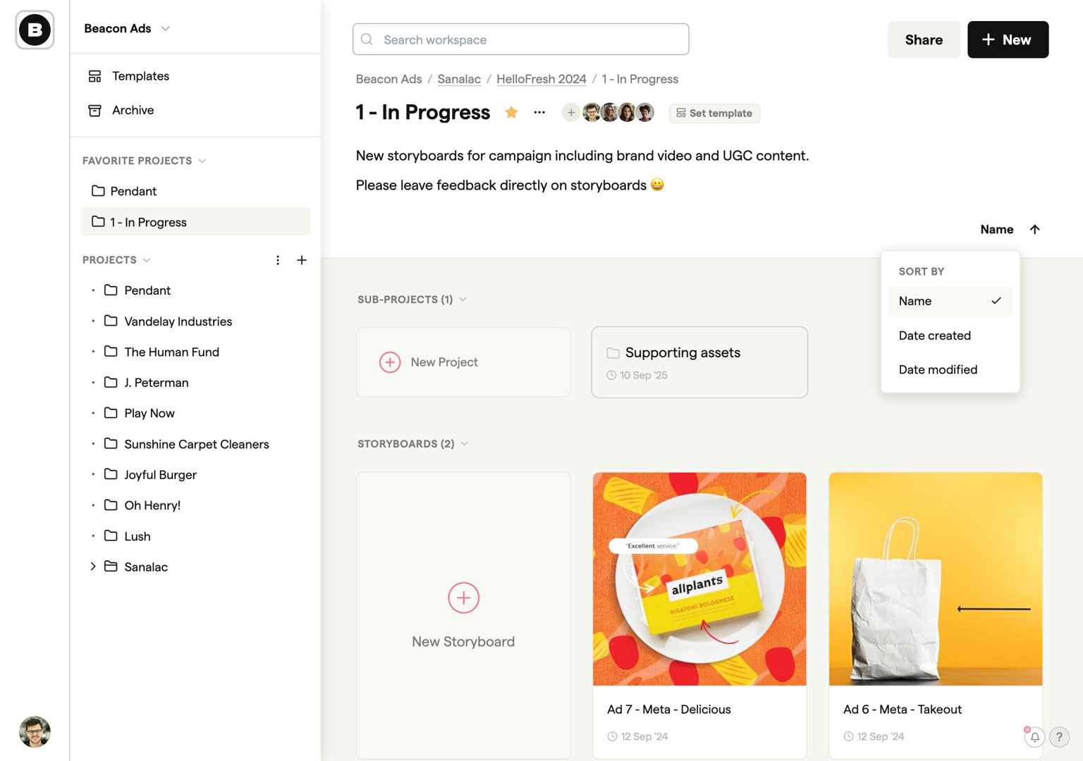 Project folder view for organizing storyboards and creative assets