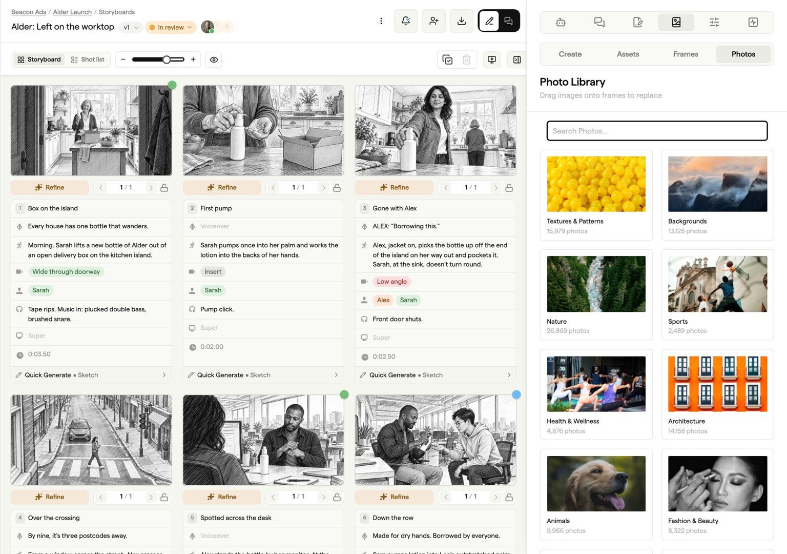 Stock photo library open beside the Alder storyboard, with categories such as Textures, Nature and Architecture