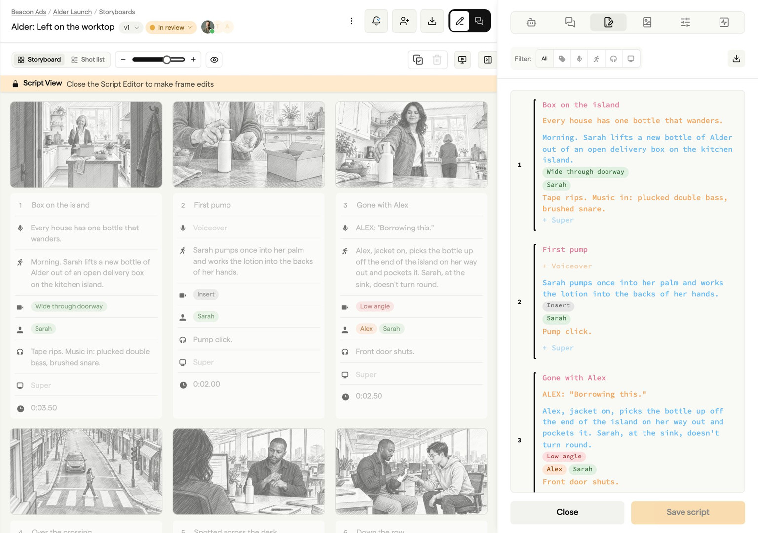 Script editor alongside AI-generated storyboard frames showing script to storyboard conversion