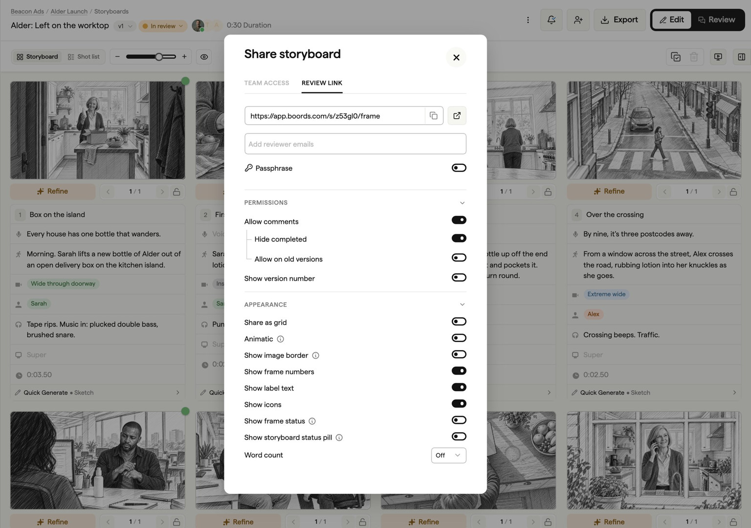 Storyboard presentation link sharing dialog with passphrase protection