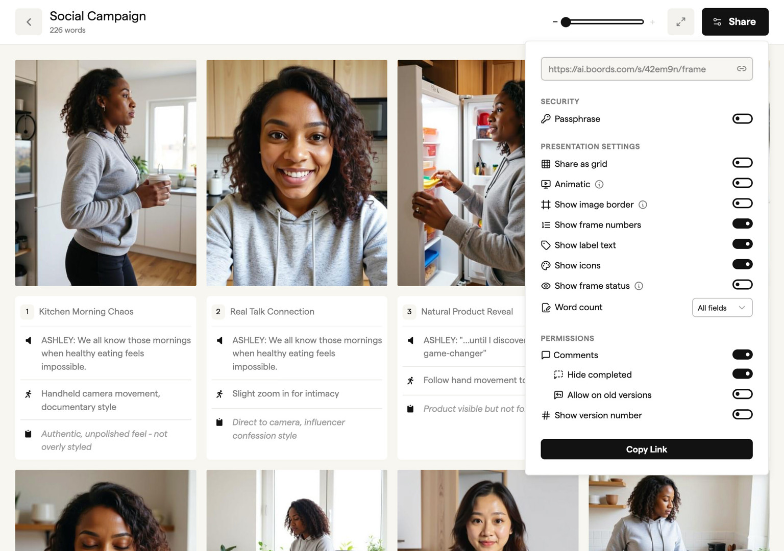 Sharing a storyboard via secure link with passphrase protection in Boords