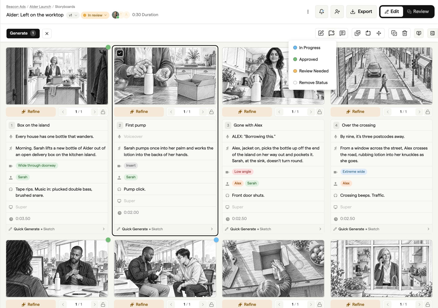 Storyboard approval workflow showing frame status labels and progress tracking