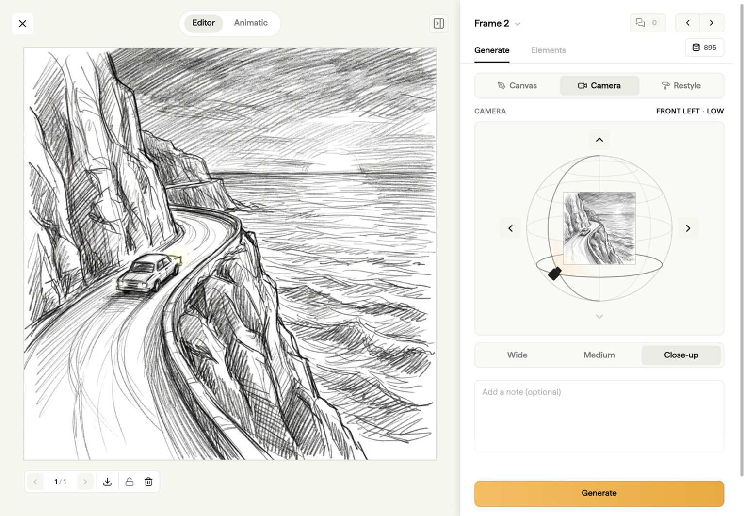 Storyboard frame before camera angle refinement