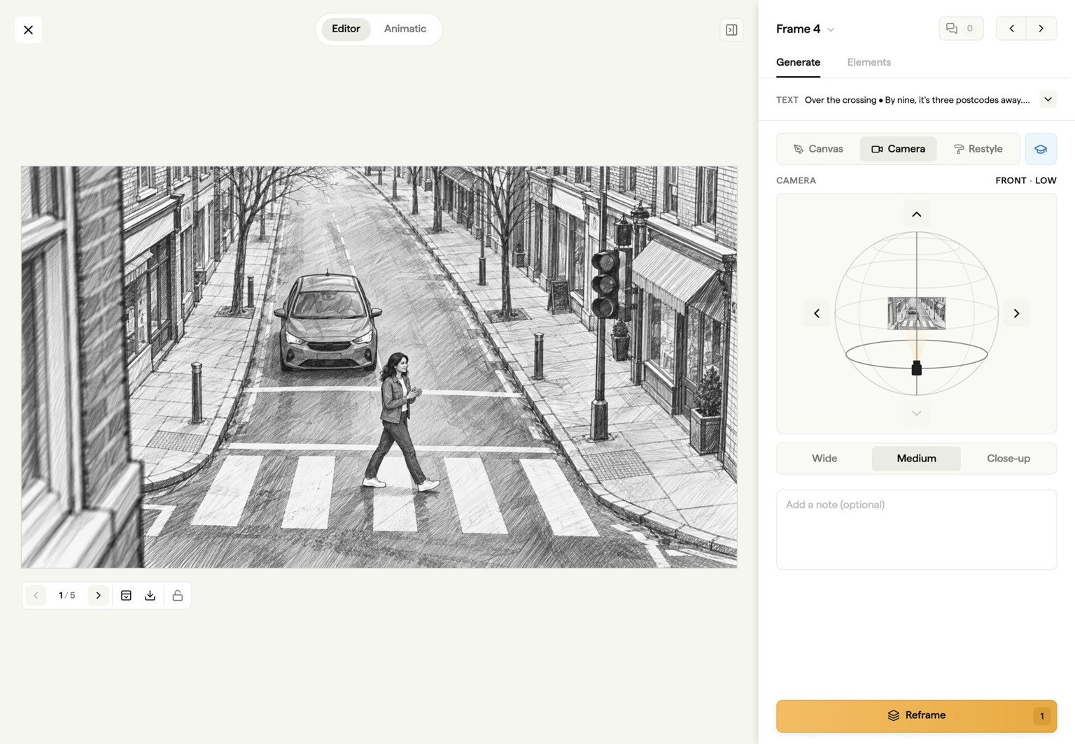 Frame editor Camera tab on a sketch frame of a woman crossing a high street, seen from a first-floor window, with a low front angle and Medium framing selected