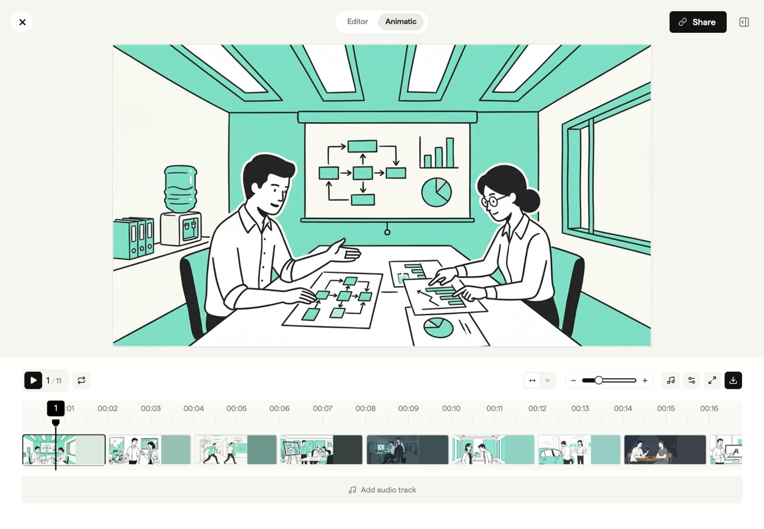Video animatic player previewing storyboard timing with audio waveform