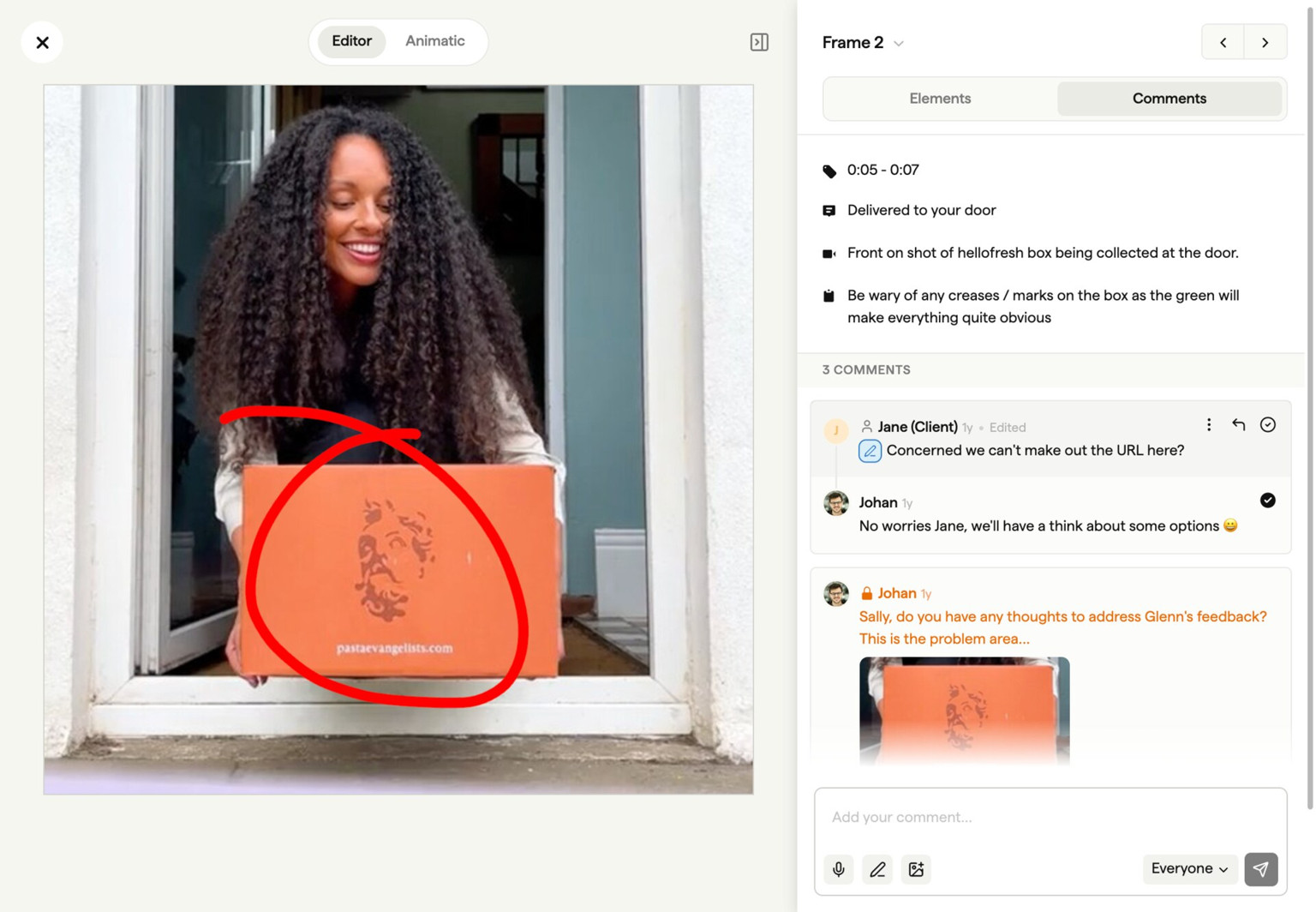 A shared Boords storyboard with frame-level client comments