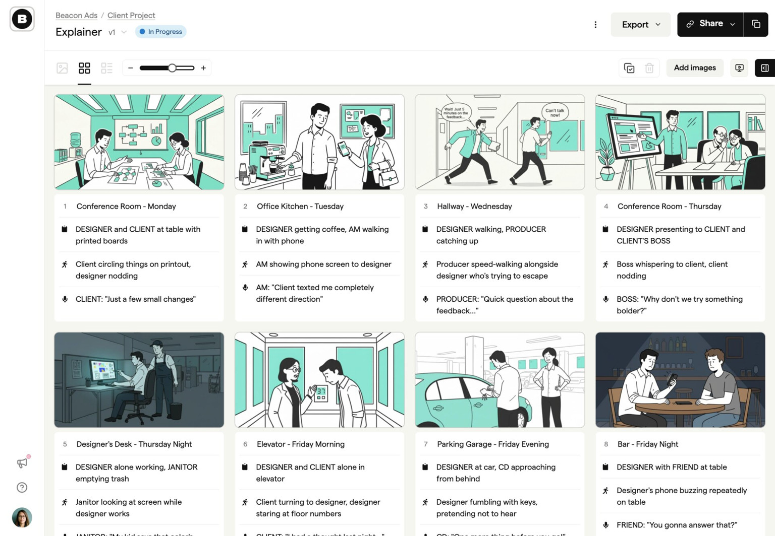 Boords storyboard grid showing visual frames in production order